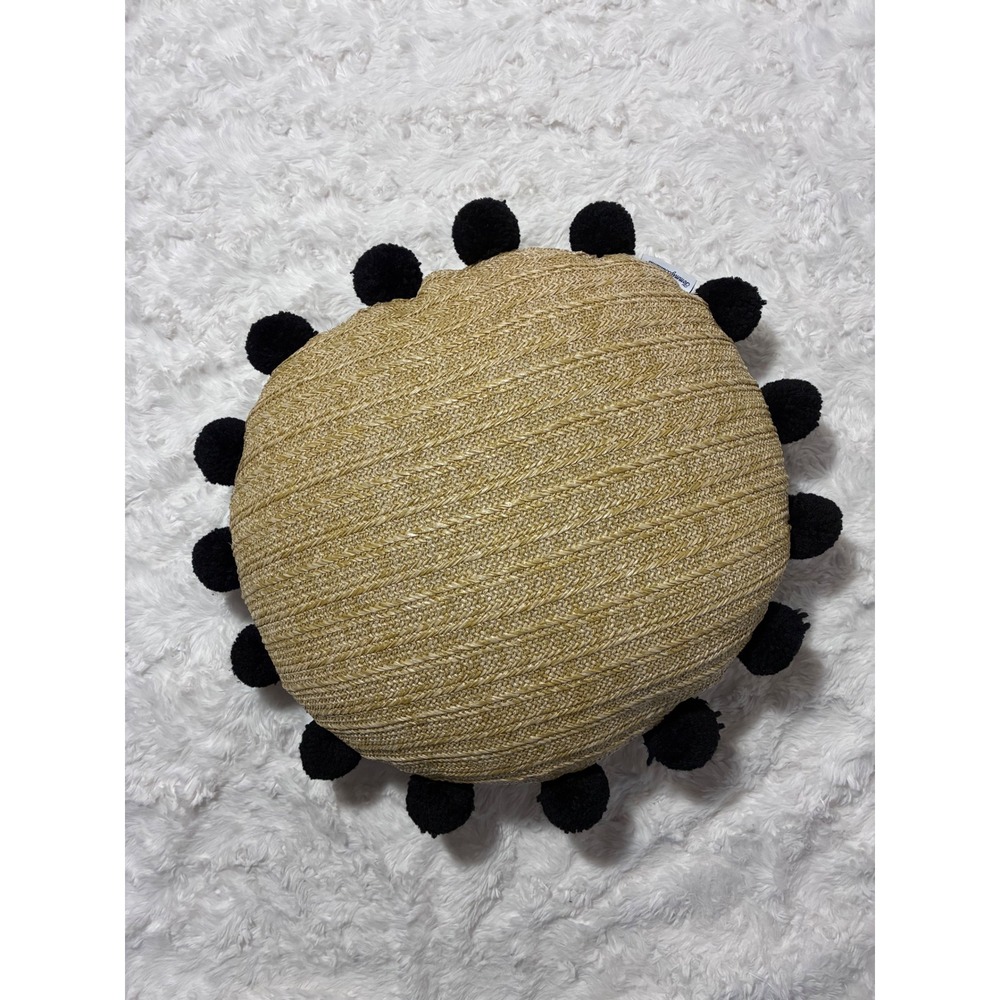 Boho Round Pom Pom Woven Straw Decorative Pillow Tan Black Coastal Tommy Bahama